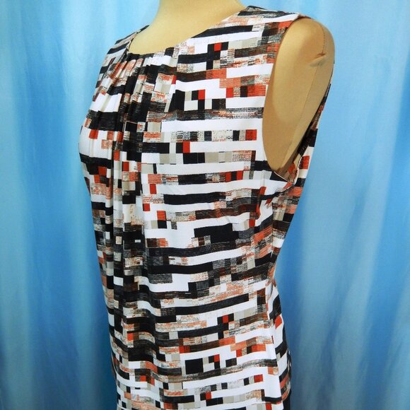 Calvin Klein Red/Black/White Geometric Pleat Neck Sleeveless Career Top Lg EUC - Picture 1 of 11